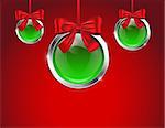 Christmas green glossy balls tied with bows on red background. Vector illustration