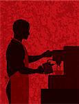 Male Coffee Barista Silhouette Making Espresso and Steaming Milk with Espresso Machine on Red Textured Background Illustration