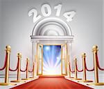 An illustration of a posh looking door with red carpet and the numbers 2014 above it. A New Year concept for success in the year 2014 or hope for a happy future.