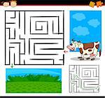 Cartoon Illustration of Education Maze or Labyrinth Game for Preschool Children with Funny Cow Farm Animal