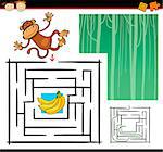 Cartoon Illustration of Education Maze or Labyrinth Game for Preschool Children with Funny Monkey Wild Animal