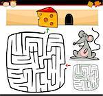 Cartoon Illustration of Education Maze or Labyrinth Game for Preschool Children with Funny Mouse Animal and Cheese