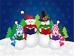 Snowman Family Christmas Carolers with Hats and Scarf Isolated on Snow Scene Background Illustration