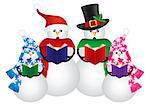 Snowman Family Christmas Carolers with Hat and Scarf Isolated on White Background Illustration