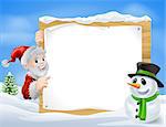 Santa and cartoon snowman sign with cute Santa and snowman characters in a winter snow scene