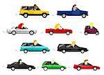 Cute cartoon business man and women driving various colorful cars (including 10 model type of cars : all-terrain vehicle, pickup truck, four-door saloon/ sedan, convertible car, micro compact car/ city car, minibus/ minivan, estate car/ station wagon, coupe, hatchback, and sports car)