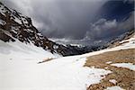 Group of hikers in snowy mountains. Turkey, Central Taurus Mountains, Aladaglar (Anti Taurus). Wide-angle view.