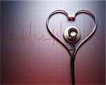 Stethoscope in shape of heart on a graph of the patient's heartbeat.