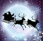 Santa flying in his sleigh with reindeer in front of a full moon in silhouette