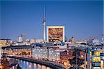 Aerial view of Berlin, capital city of Germany, during twilight blue hour.