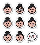 Collection of old woman, girl with asian hair style faces - happy, sad, angry
