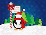 Christmas Penguin with Red Santa Hat and Scarf Standing by Santa Stop Here Sign Post with Night Winter Snow Scene Background Illustration