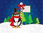 Christmas Penguin with Top Hat and Scarf Candy Cane Standing by Santa Stop Here Sign Post with Night Winter Snow Scene Background Illustration