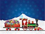 Santa Claus Ringing Bell on Train Delivering Wrapped Presents Traveling Over Winter Snow Scene at Night Background Illustration