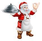 Cartoon Santa Claus cooking Christmas dinner food, with Santa in an apron holding a silver platter and doing a perfect gesture