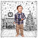 Cute baby in Christmas, standing with toys in his hands