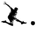 one caucasian man flying kicking playing soccer football player silhouette in studio isolated on white background