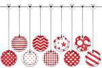 Red and white textured labels. Hanging Christmas balls. Vector illustration