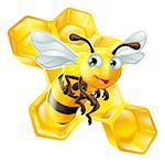 An illustration of a cute cartoon bee in front of honey comb