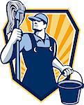 Illustration of a janitor cleaner worker holding mop and water bucket pail viewed from low angle done in retro style set inside shield crest.