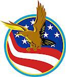 Illustration of a bald eagle flying with american USA stars stripes flag set inside circle on isolated background done in retro style.