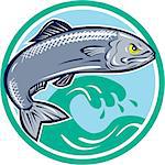 Illustration of an angry sardine fish jumping with waves in background set inside circle on isolated white background retro style.