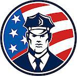 Illustration of an American policeman security guard police officer facing front set inside circle with USA stars and stars flag done in retro style.