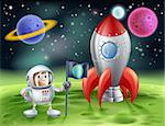 An illustration of an outer space cartoon background with a cute cartoon astronaut planting an earth flag on an alien world with his shiny vintage rocket
