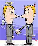 Concept Cartoon Illustration of Angel and Devil Businessmen or Politicians Shaking Hands