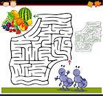 Cartoon Illustration of Education Maze or Labyrinth Game for Preschool Children with Funny Ants and Fruits