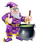A friendly old wizard character stirring a big black cauldron