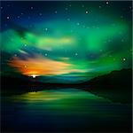 abstract nature green background with aurora borealis and  mountains