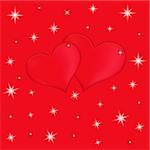 Two red hearts on a red background with stars, vector Valentines greeting card