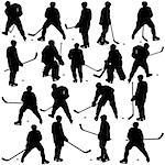 Set of silhouettes of hockey player. Isolated on white. Vector  illustrations.