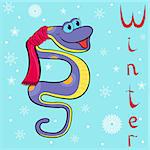 Why Boa is so cold in winter? Cheerful Boa Constrictor wrapped in a scarf on neck on the background of a winter motif. Hand drawing cartoon vector illustration