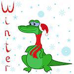 Why Crocodile is so cold in winter? Cheerful Crocodile wrapped in a scarf on neck and in the cap of Santa on the background of a winter motif. Hand drawing cartoon vector illustration