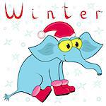 Why Elephant is so cold in winter? Cheerful Elephant in the cap of Santa and in the winter boots on the background of a winter motif. Hand drawing cartoon vector illustration