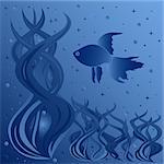 Composition of fish floating around aquatic plants, phantasmagoric hand drawing vector illustration in blue tints