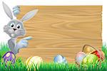 White Easter rabbit bunny pointing at a sign, with chocolate Easter eggs and basket