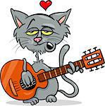 Valentines Day Cartoon Illustration of Funny Cat in Love Playing the Guitar and Singing