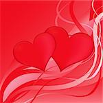 Two red hearts on a red abstract background, vector Valentines greeting card