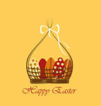 Basket with Easter eggs on orange background