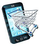 Mobile phone with shopping cart flying out, concept for shopping online or for apps or mobile phone