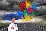 Composite image of happy mature businessman holding umbrella