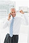 Cheerful mature businessman using mobile phone while clenching fist in office