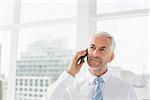 Serious mature businessman using mobile phone in a bright office