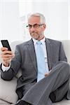 Portrait of an elegant mature businessman text messaging on sofa in living room at home
