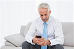 Elegant mature businessman text messaging on sofa in living room at home