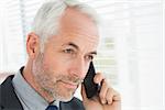 Serious mature businessman peeking through blinds while on call in office