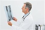 Concentrated male doctor looking at x-ray picture of spine in the medical office